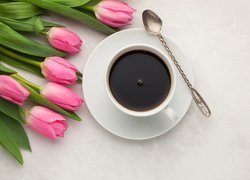 Różowe, Tulipany, Filiżanka, Kawa, Łyżeczka