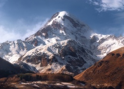 Góry, Kaukaz, Wulkan, Szczyt Kazbek, Śnieg, Niebo, Zima