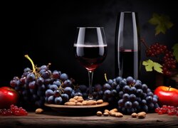 Kieliszek z winem obok winogron i jabłek