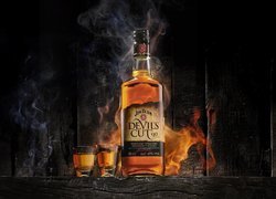 Butelka, Whisky, Jim Beam Bourbon Devils Cut 90, Kieliszki, Deski, Dym