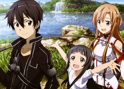 Anime, Sword Art Online, Chłopak, Kirito, Dziewczyna, Asuna,  Dziewczynka, Wędka