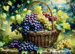 Grafika, Koszyk, Winogrona, Liście