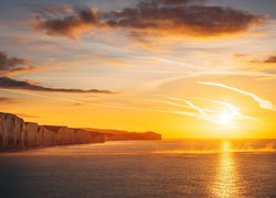 Morze, Klif, Seven Sisters, Siedem sióstr, Kanał, La Manche, Zachód słońca, Hrabstwo East Sussex, Anglia