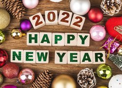 Napis, Szczęśliwego Nowego Roku, 2022, Bombki