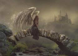 Kobieta-anioł spogląda na zamek