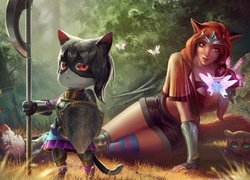 Fantasy, Kobieta, Elf, Kot, Włócznia