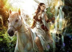 Kobieta, Elf, Biały, Koń, Ptak, Rośliny, Fantasy