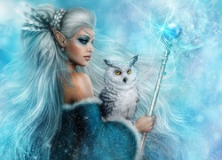 Kobieta-elf z białą sową i berłem w grafice fantasy