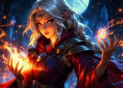 Grafika, Kobieta, Elf, Kula, Ognista, Fantazja