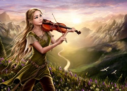 Kobieta grająca na skrzypcach w grafice fantasy