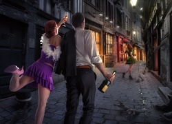 Kobieta i mężczyzna w szampańskim nastroju wracają z imprezy
