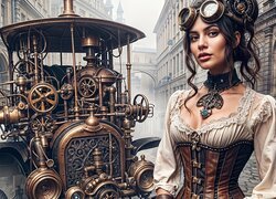 Kobieta, Steampunk, Domy, Kamienice, Samochód, Fantasy