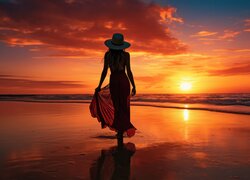 Kobieta, Morze, Zachód słońca, Plaża