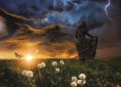 Kobieta na łące podczas burzy w grafice fantasy