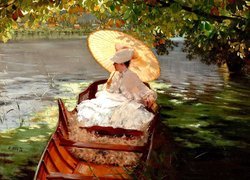 Malarstwo, Giuseppe de Nittis, Kobieta, Parasol, Jezioro, Drzewo, Łódka