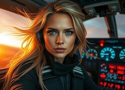 Kobieta, Blondynka, Pilot, Kokpit, Samolot, Zachód słońca, Grafika AI