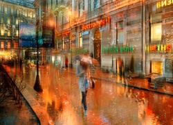 Kobieta pod parasolem na oświetlonej ulicy w deszczu