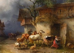 Kobieta prowadząca zwierzęta do obory na obrazie Friedricha Gauermanna