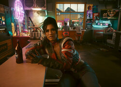 Kobieta przy barze z gry Cyberpunk 2077
