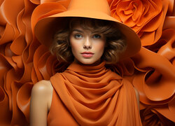 Kobieta ubrana na pomarańczowo w kapeluszu