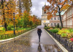 Rosja, Petersburg, Ławra Aleksandra Newskiego w Petersburgu, Klasztor, Jesień, Kobieta, Parasol, Park, Alejka, Drzewa, Liście