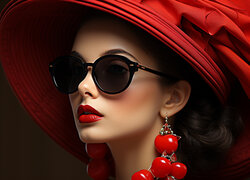 Kobieta, Okulary, Biżuteria, Kolczyki, Czerwony, Kapelusz, Grafika
