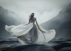 Kobieta w długiej białej sukni na tle zamglonych gór