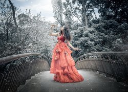 Kobieta, Pomarańczowa, Suknia, Most, Drzewa