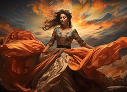Kobieta w długiej sukni tańcząca na tle nieba