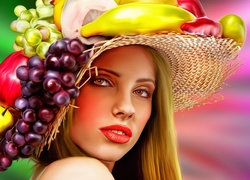 Kobieta, Kapelusz, Owoce, Grafika 2D