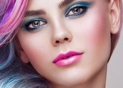 Kobieta, Kolorowe, Różowo-niebieskie, Włosy, Makijaż