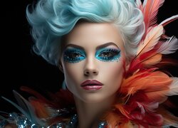 Kobieta w makijażu z kolorowymi piórami w grafice