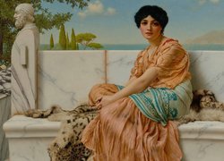 Malarstwo, Obraz, John William Godward, Kobieta, Ławka, Taras