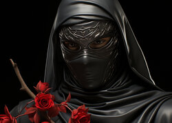 Kobieta w masce i czerwone róże