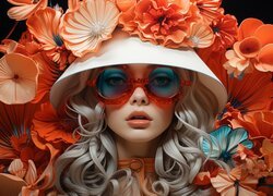 Kobieta w okularach i kwiatami na kapeluszu