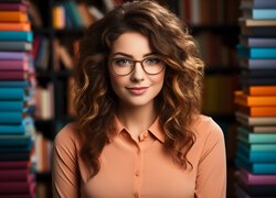 Kobieta w okularach wśród książek