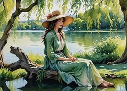 Kobieta w zielonej sukni i kapeluszu siedząca pod wierzbą nad jeziorem