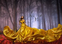 Kobieta, Żółta, Suknia, Las, Drzewa, Ptaki, 2D