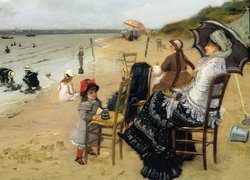 Malarstwo, Obraz, Ernest Ange Duez, Morze, Plaża, Kobieta, Dziewczynka, Dzieci