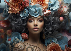 Kobieta z kolorowymi kwiatami we włosach w 2D