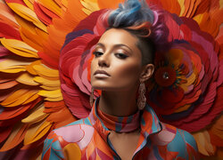 Kobieta z kolorowymi włosami i kolorowe tło w grafice
