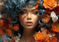 Kobieta z kręconymi włosami otoczona kolorowymi kwiatami w 2D