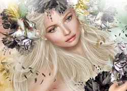 Blondynka, Kobieta, Łzy, Kwiaty, Grafika 2D