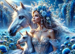 Kobieta, Kwiaty, Konie, Jednorożce, Fantasy