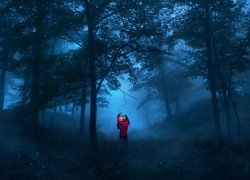 Kobieta  z lampą w zamglonym lesie