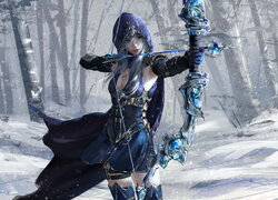 Kobieta z łukiem w zimowym lesie w grafice fantasy
