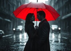 Kobieta, Mężczyzna, Para, Ulica, Deszcz, Parasol, Czerwony, AI, Czerwona Parasolka, Mokry Asfalt, Czarno-biała Sceneria, Wieczór
