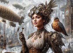 Fantasy, Steampunk, Kobieta, Wieżowce, Ptak