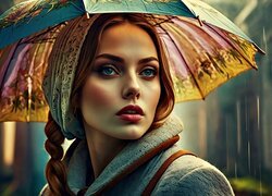 Kobieta, Parasol, Deszcz, Grafika