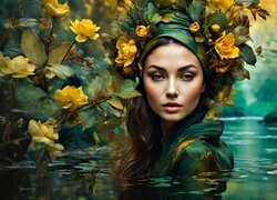 Kobieta zanurzona w wodzie z kwiatami na głowie